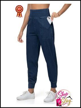 High Waisted Stretch Denim Joggers Pull On Tapered Jeans